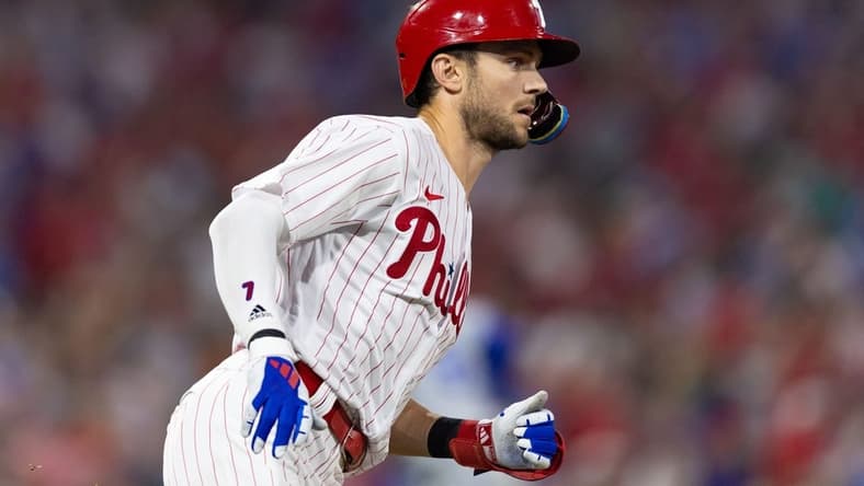 Aug 5, 2023; Philadelphia, Pennsylvania, USA; Philadelphia Phillies shortstop Trea Turner (7) runs the bases after hitting an RBI double during the eighth inning against the Kansas City Royals at Citizens Bank Park. Mandatory Credit: Bill Streicher-USA TODAY Sports