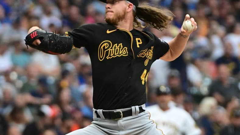 Aug 5, 2023; Milwaukee, Wisconsin, USA; Pittsburgh Pirates pitcher Bailey Falter (44) pitches against the Milwaukee Brewers in the fifth inning at American Family Field. Mandatory Credit: Benny Sieu-USA TODAY Sports