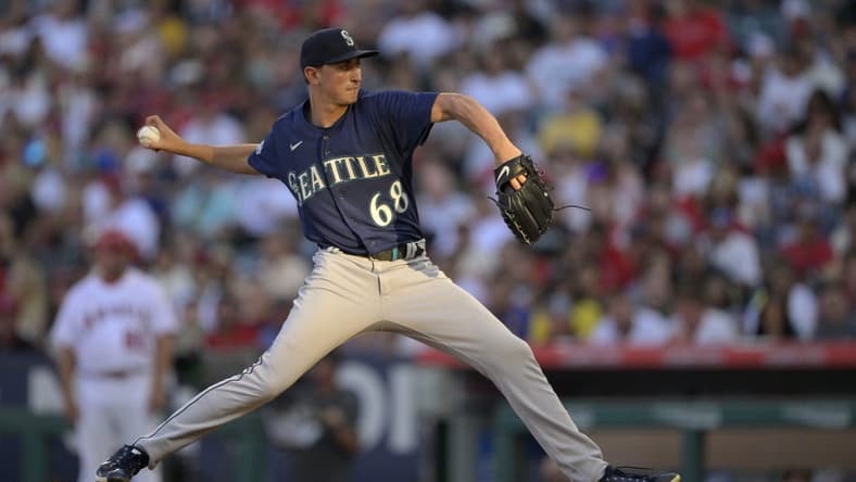 Aug 5, 2023; Anaheim, California, USA;  Seattle Mariners starting pitcher George Kirby (68) throws to the plate in the third inning against the Los Angeles Angels at Angel Stadium. Mandatory Credit: Jayne Kamin-Oncea-USA TODAY Sports