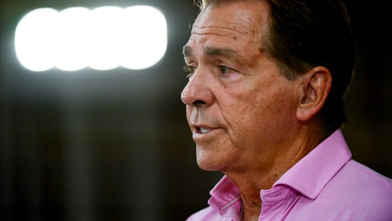 Alabama head football coach Nick Saban speaks to members of the media Sunday, August 6, 2023.