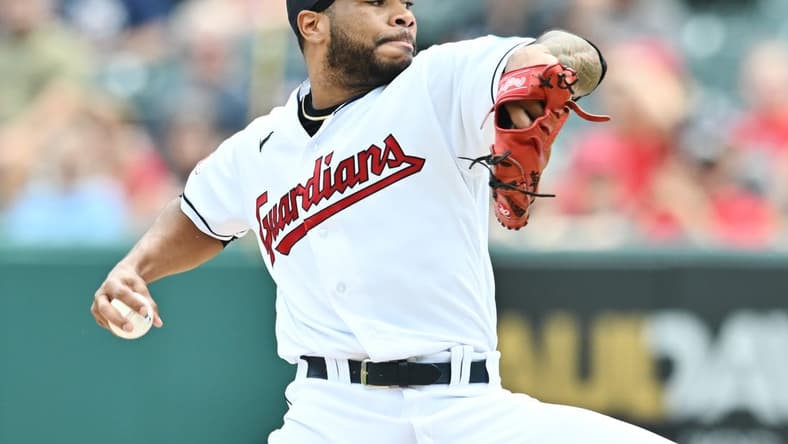 Aug 6, 2023; Cleveland, Ohio, USA; Cleveland Guardians pitcher Xzavion Curry (44) throws a pitch during the first inning against the Chicago White Sox at Progressive Field. Mandatory Credit: Ken Blaze-USA TODAY Sports