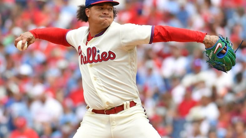 Aug 6, 2023; Philadelphia, Pennsylvania, USA; Philadelphia Phillies starting pitcher Taijuan Walker (99) throws a pitch against the Kansas City Royals during the second inning at Citizens Bank Park. Mandatory Credit: Eric Hartline-USA TODAY Sports