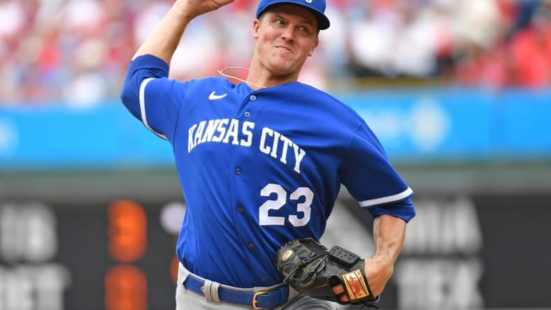 Aug 6, 2023; Philadelphia, Pennsylvania, USA; Kansas City Royals starting pitcher Zack Greinke (23) throws a pitch against the Philadelphia Phillies during the first inning at Citizens Bank Park. Mandatory Credit: Eric Hartline-USA TODAY Sports