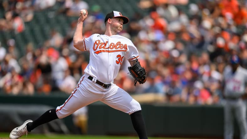 Aug 6, 2023; Baltimore, Maryland, USA; Baltimore Orioles starting pitcher Kyle Bradish (39) throws a pitch during the third inning against the New York Mets at Oriole Park at Camden Yards. Mandatory Credit: Reggie Hildred-USA TODAY Sports