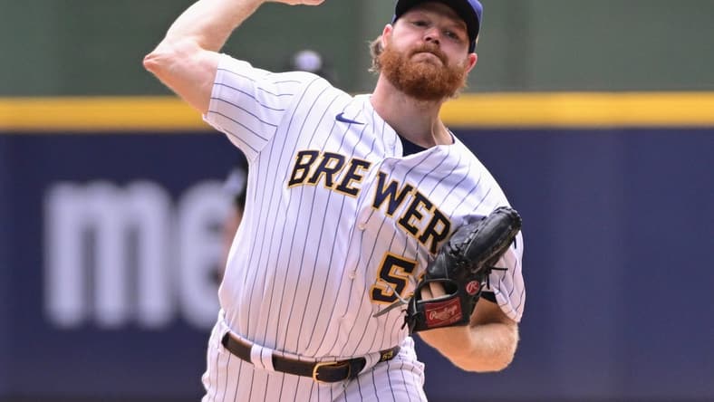 Aug 6, 2023; Milwaukee, Wisconsin, USA; Milwaukee Brewers pitcher Brandon Woodruff (53) pitches against the Pittsburgh Pirates in the first inning at American Family Field. Mandatory Credit: Benny Sieu-USA TODAY Sports