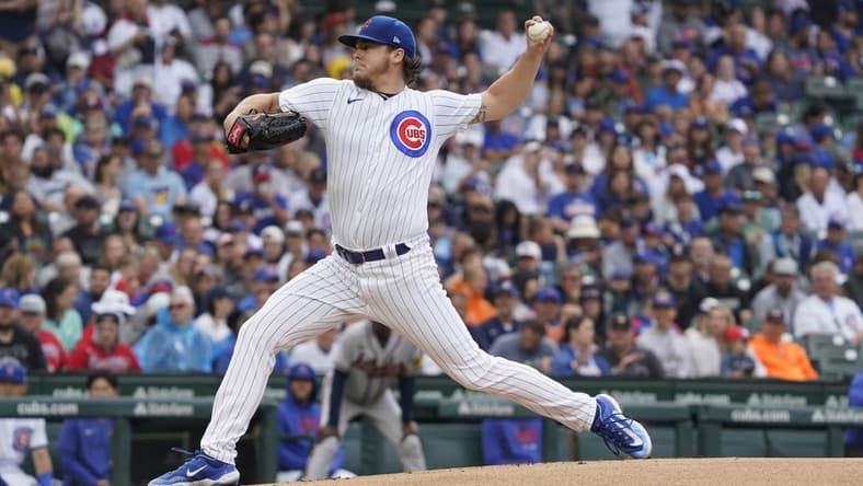 Aug 6, 2023; Chicago, Illinois, USA; Chicago Cubs starting pitcher Justin Steele (35) throws the ball against the Atlanta Braves during the first inning at Wrigley Field. Mandatory Credit: David Banks-USA TODAY Sports
