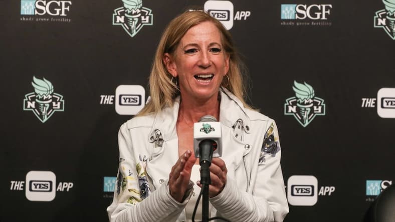 Aug 6, 2023; Brooklyn, New York, USA; WNBA Commissioner Cathy Engelbert speaks at a press conference prior to the game between the Las Vegas Aces and the New York Liberty at Barclays Center. Mandatory Credit: Wendell Cruz-USA TODAY Sports
