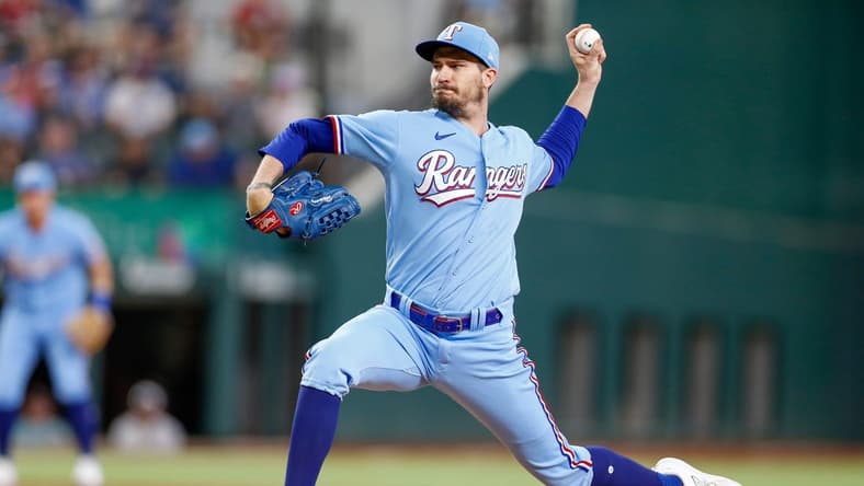Aug 6, 2023; Arlington, Texas, USA; Texas Rangers starting pitcher Andrew Heaney (44) throws during the first inning against the Miami Marlins at Globe Life Field. Mandatory Credit: Andrew Dieb-USA TODAY Sports