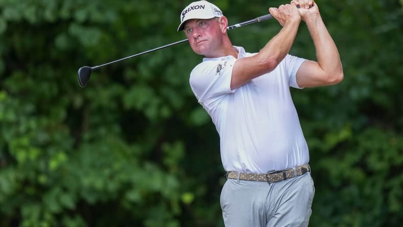 Aug 6, 2023; Greensboro, North Carolina, USA; Lucas Glover watches his shot from the 2nd tee during the final round of the Wyndham Championship golf tournament. Mandatory Credit: David Yeazell-USA TODAY Sports