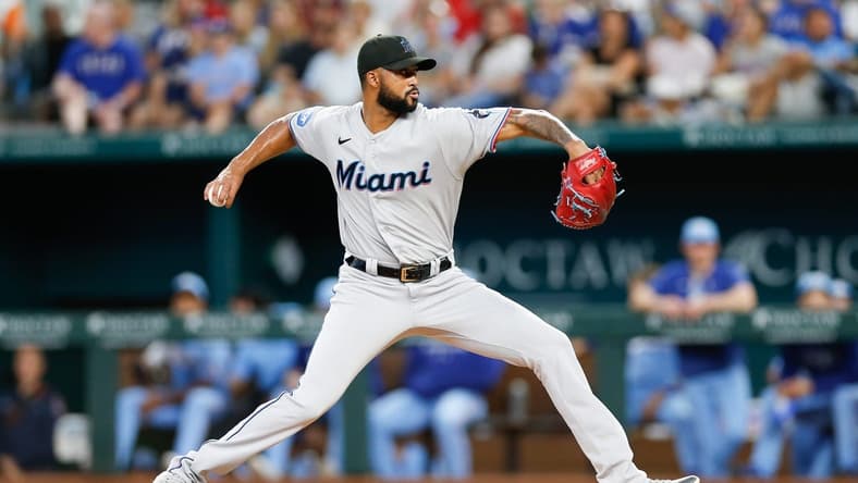 Aug 6, 2023; Arlington, Texas, USA; Miami Marlins starting pitcher Sandy Alcantara (22) throws during the first inning against the Texas Rangers at Globe Life Field. Mandatory Credit: Andrew Dieb-USA TODAY Sports