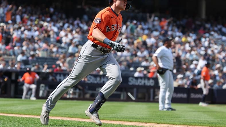 Aug 6, 2023; Bronx, New York, USA; Houston Astros center fielder Jake Meyers (6) runs the bases after his three-run home run during the sixth inning against New York Yankees relief pitcher Wandy Peralta (58) at Yankee Stadium. Mandatory Credit: Vincent Carchietta-USA TODAY Sports