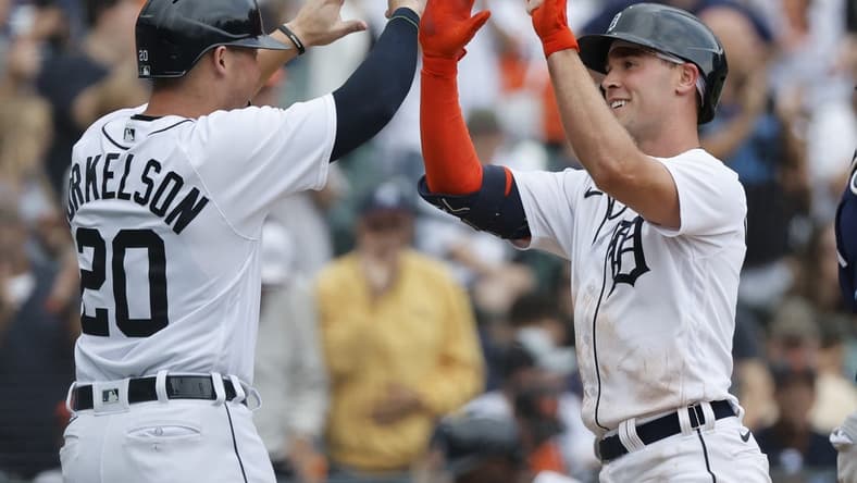 Aug 6, 2023; Detroit, Michigan, USA; Detroit Tigers designated hitter Kerry Carpenter (30) receives congratulations from first baseman Spencer Torkelson (20) after he hits a two run home run in the seventh inning against the Tampa Bay Rays at Comerica Park. Mandatory Credit: Rick Osentoski-USA TODAY Sports