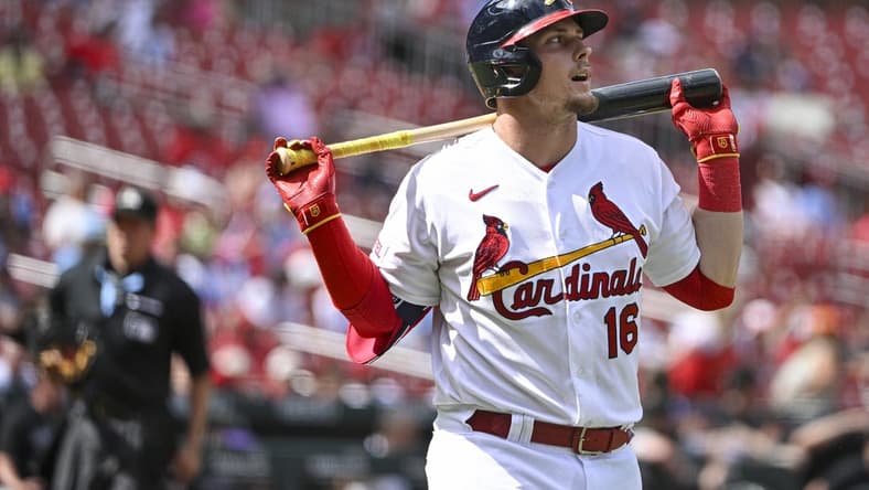 Aug 6, 2023; St. Louis, Missouri, USA; St. Louis Cardinals second baseman Nolan Gorman (16) walks back to the dugout after popping out in to foul territory against the Colorado Rockies during the ninth inning at Busch Stadium. Mandatory Credit: Jeff Curry-USA TODAY Sports