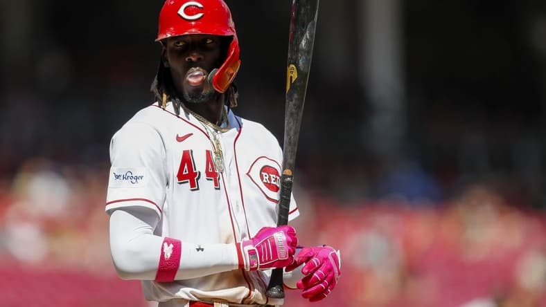 Aug 6, 2023; Cincinnati, Ohio, USA; Cincinnati Reds shortstop Elly De La Cruz (44) at bat during the seventh inning against the Washington Nationals at Great American Ball Park. Mandatory Credit: Katie Stratman-USA TODAY Sports