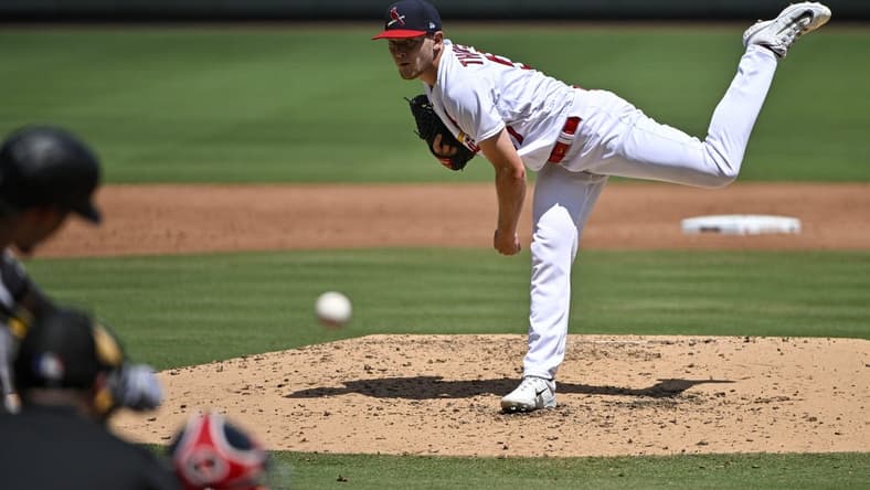 Aug 6, 2023; St. Louis, Missouri, USA;  St. Louis Cardinals starting pitcher Zack Thompson (57) pitches against the Colorado Rockies during the third inning at Busch Stadium. Mandatory Credit: Jeff Curry-USA TODAY Sports
