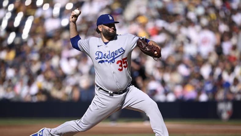 Aug 6, 2023; San Diego, California, USA; Los Angeles Dodgers starting pitcher Lance Lynn (35) throws a pitch against the San Diego Padres during the first inning at Petco Park. Mandatory Credit: Orlando Ramirez-USA TODAY Sports
