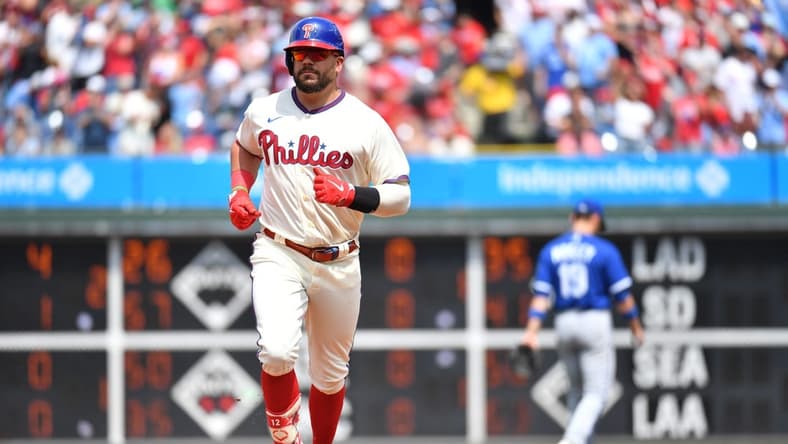 Aug 6, 2023; Philadelphia, Pennsylvania, USA; Philadelphia Phillies left fielder Kyle Schwarber (12) runs the bases after hitting a home run against the Kansas City Royals during the second inning at Citizens Bank Park. Mandatory Credit: Eric Hartline-USA TODAY Sports