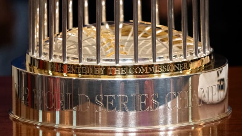 Aug 7, 2023; Washington, DC, USA; The MLB 2022 World Series trophy and a Houston Astros jersey are visible as President Joe Biden welcomes the team to the White House to celebrate their MLB 2022 World Series victory Monday, Aug. 7, 2023. Mandatory Credit: Josh Morgan-USA TODAY