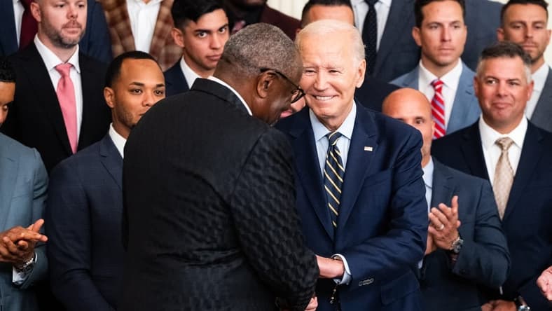 Aug 7, 2023; Washington, DC, USA; President Joe Biden shakes hands with Houston Astros manager Dusty Baker to the White House to celebrate their MLB 2022 World Series victory Monday, Aug. 7, 2023. Mandatory Credit: Josh Morgan-USA TODAY