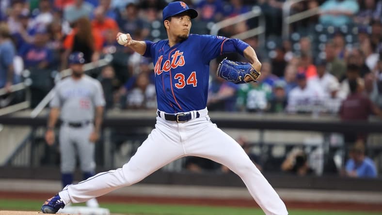 Aug 7, 2023; New York City, New York, USA; New York Mets starting pitcher Kodai Senga (34) delivers a pitch during the first inning against the Chicago Cubs at Citi Field. Mandatory Credit: Vincent Carchietta-USA TODAY Sports