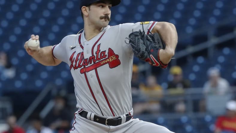 Aug 7, 2023; Pittsburgh, Pennsylvania, USA;  Atlanta Braves starting pitcher Spencer Strider (99) delivers a pitch against the Pittsburgh Pirates during the first inning at PNC Park. Mandatory Credit: Charles LeClaire-USA TODAY Sports