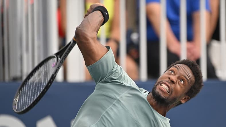 Aug 7, 2023; Toronto, Ontario, Canada; Gael Monfils (FRA) serves against Christopher Eubanks (USA) (not pictured) in first round play at Sobeys Stadium. Mandatory Credit: Dan Hamilton-USA TODAY Sports