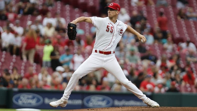 Aug 7, 2023; Cincinnati, Ohio, USA; Cincinnati Reds starting pitcher Brandon Williamson (55) throws against the Miami Marlins during the first inning at Great American Ball Park. Mandatory Credit: David Kohl-USA TODAY Sports