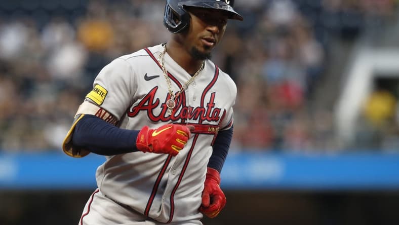 Aug 7, 2023; Pittsburgh, Pennsylvania, USA; Atlanta Braves second baseman Ozzie Albies (1) circles the bases on a solo home run against the Pittsburgh Pirates during the fourth inning at PNC Park. Mandatory Credit: Charles LeClaire-USA TODAY Sports