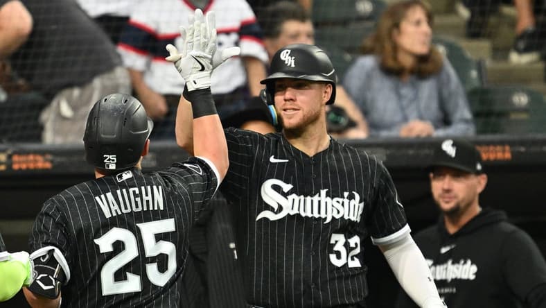 Aug 7, 2023; Chicago, Illinois, USA; Chicago White Sox infielder Gavin Sheets (32) congratulates outfielder Andrew Vaughn (25) after his two-run home run in the second inning against the New York Yankees at Guaranteed Rate Field. Mandatory Credit: Jamie Sabau-USA TODAY Sports