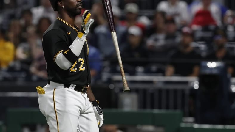 Aug 7, 2023; Pittsburgh, Pennsylvania, USA; Pittsburgh Pirates designated hitter Andrew McCutchen (22) reacts after being called out on strikes by the Atlanta Braves during the sixth inning at PNC Park. Mandatory Credit: Charles LeClaire-USA TODAY Sports