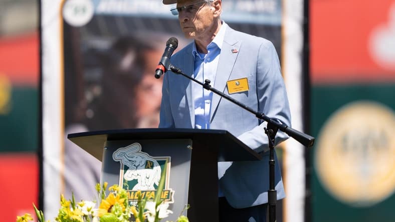 Aug 6, 2023; Oakland, California, USA; Retired baseball pitcher, manager and coach Tony La Russa speaks to fans during the ceremony of the Oakland Athletics Hall of Fame for the Class of 2023. The ceremony was held before the start of the game between the Oakland Athletics and the San Francisco Giants at Oakland-Alameda County Coliseum. Mandatory Credit: Stan Szeto-USA TODAY Sports