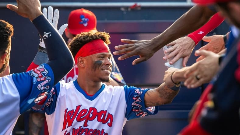 WORCESTER - Worcester   s Ceddanne Rafaela celebrates his lead-off home run against the Syracuse Mets Wednesday, July 5, 2023.