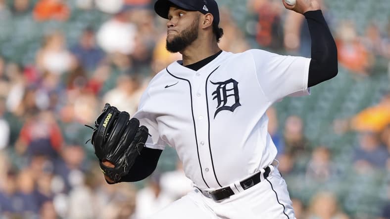 Aug 8, 2023; Detroit, Michigan, USA;  Detroit Tigers starting pitcher Eduardo Rodriguez (57) pitches in the first inning against the Minnesota Twins at Comerica Park. Mandatory Credit: Rick Osentoski-USA TODAY Sports