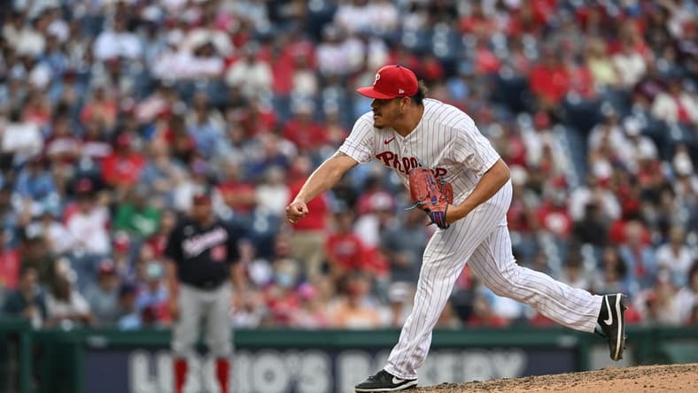 Aug 8, 2023; Philadelphia, Pennsylvania, USA;  Philadelphia Phillies relief pitcher Luis Ortiz (56) pitches in the eighth inning against the Washington Nationals at Citizens Bank Park.The Phillies won 8-4. Mandatory Credit: John Geliebter-USA TODAY Sports