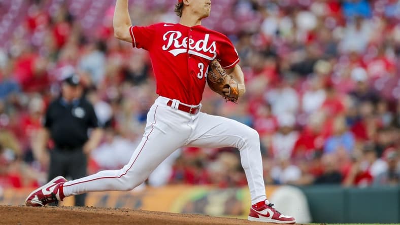 Aug 8, 2023; Cincinnati, Ohio, USA; Cincinnati Reds starting pitcher Luke Weaver (34) pitches against the Miami Marlins in the first inning at Great American Ball Park. Mandatory Credit: Katie Stratman-USA TODAY Sports
