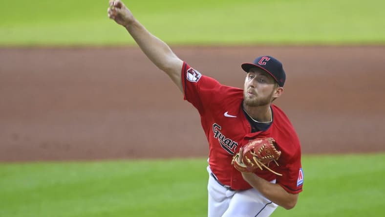 Aug 8, 2023; Cleveland, Ohio, USA; Cleveland Guardians starting pitcher Tanner Bibee (61) delivers a pitch in the first inning against the Toronto Blue Jays at Progressive Field. Mandatory Credit: David Richard-USA TODAY Sports
