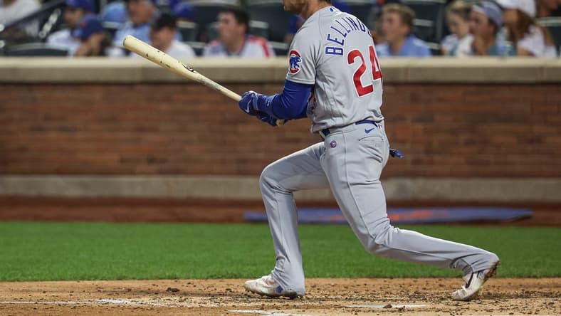 Aug 8, 2023; New York City, New York, USA; Chicago Cubs center fielder Cody Bellinger (24) looks up at his solo home run during the fourth inning against the New York Mets at Citi Field. Mandatory Credit: Vincent Carchietta-USA TODAY Sports