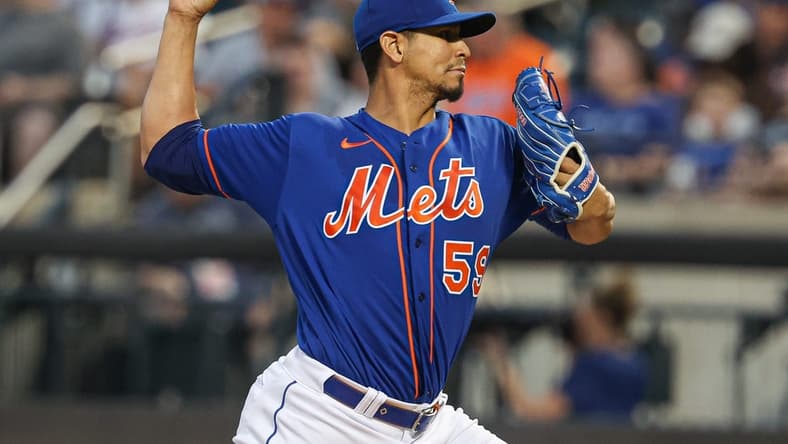 Aug 8, 2023; New York City, New York, USA; New York Mets starting pitcher Carlos Carrasco (59) delivers a pitch during the third inning against the Chicago Cubs at Citi Field. Mandatory Credit: Vincent Carchietta-USA TODAY Sports