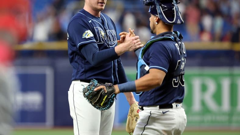 Aug 8, 2023; St. Petersburg, Florida, USA; Tampa Bay Rays relief pitcher Pete Fairbanks (29) and catcher Rene Pinto (50) high five as they beat the St. Louis Cardinals at Tropicana Field. Mandatory Credit: Kim Klement Neitzel-USA TODAY Sports