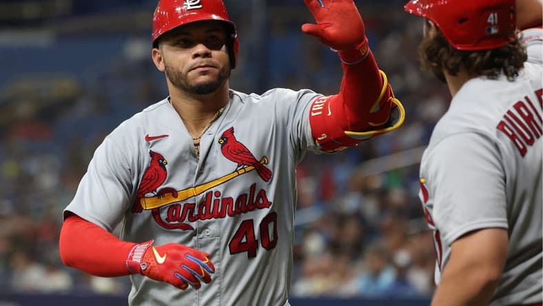 Aug 8, 2023; St. Petersburg, Florida, USA; St. Louis Cardinals catcher Willson Contreras (40) is congratulated after he hit a home run against the Tampa Bay Rays during the ninth inning at Tropicana Field. Mandatory Credit: Kim Klement Neitzel-USA TODAY Sports