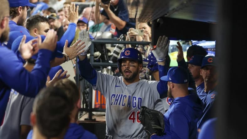 Aug 8, 2023; New York City, New York, USA; Chicago Cubs center fielder Mike Tauchman (40) celebrates with teammates after his solo home run during the eighth inning against the New York Mets at Citi Field. Mandatory Credit: Vincent Carchietta-USA TODAY Sports