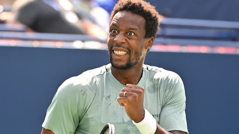 Aug 9, 2023; Toronto, Ontario, Canada; Gael Monfils (FRA) reacts after winning a point against Stefanos Tsitsipas (GRE) (not pictured) during round 3 play at Sobeys Stadium. Mandatory Credit: Dan Hamilton-USA TODAY Sports