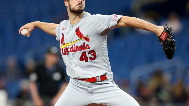Aug 9, 2023; St. Petersburg, Florida, USA;  St. Louis Cardinals relief pitcher Dakota Hudson (43) throws a pitch against the Tampa Bay Rays in the first inning at Tropicana Field. Mandatory Credit: Nathan Ray Seebeck-USA TODAY Sports