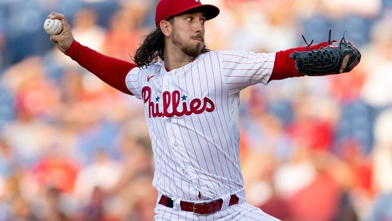 Aug 9, 2023; Philadelphia, Pennsylvania, USA; Philadelphia Phillies starting pitcher Michael Lorenzen (22) throws a pitch during the first inning against the Washington Nationals at Citizens Bank Park. Mandatory Credit: Bill Streicher-USA TODAY Sports