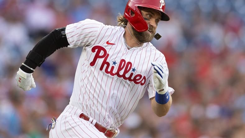 Aug 9, 2023; Philadelphia, Pennsylvania, USA; Philadelphia Phillies designated hitter Bryce Harper (3) runs the bases after hitting an RBI double during the first inning against the Washington Nationals at Citizens Bank Park. Mandatory Credit: Bill Streicher-USA TODAY Sports