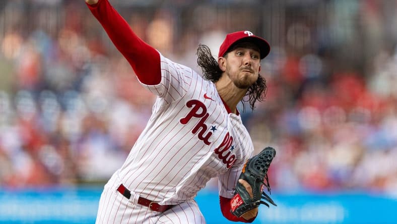 Aug 9, 2023; Philadelphia, Pennsylvania, USA; Philadelphia Phillies starting pitcher Michael Lorenzen (22) throws a pitch during the second inning against the Washington Nationals at Citizens Bank Park. Mandatory Credit: Bill Streicher-USA TODAY Sports
