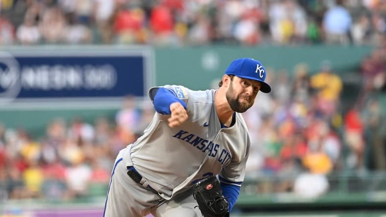 Aug 9, 2023; Boston, Massachusetts, USA;Kansas City Royals starting pitcher Jordan Lyles (24) pitches against the Boston Red Sox during the first inning at Fenway Park. Mandatory Credit: Eric Canha-USA TODAY Sports