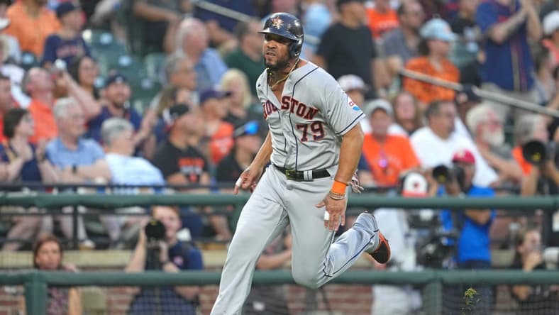 Aug 9, 2023; Baltimore, Maryland, USA; Houston Astros first baseman Jose Abreu (79) rounds third base to score on a single by Jose Altuve (not shown) in the second inning against the Baltimore Orioles at Oriole Park at Camden Yards. Mandatory Credit: Mitch Stringer-USA TODAY Sports