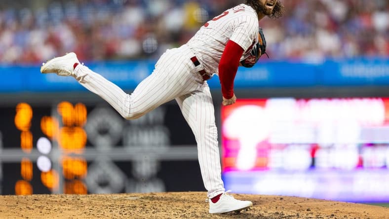 Aug 9, 2023; Philadelphia, Pennsylvania, USA; Philadelphia Phillies starting pitcher Michael Lorenzen (22) throws a pitch during the sixth inning against the Washington Nationals at Citizens Bank Park. Mandatory Credit: Bill Streicher-USA TODAY Sports