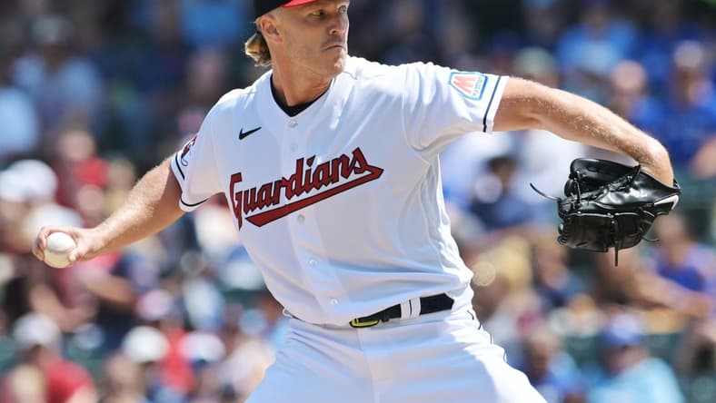Aug 10, 2023; Cleveland, Ohio, USA; Cleveland Guardians starting pitcher Noah Syndergaard (34) throws a pitch during the first inning against the Toronto Blue Jays at Progressive Field. Mandatory Credit: Ken Blaze-USA TODAY Sports